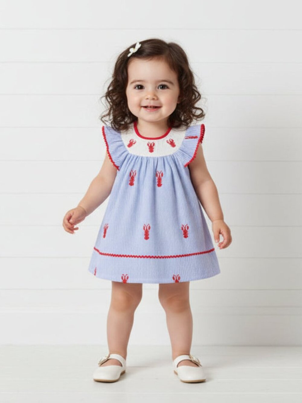 Blue Pinstripe Embroidered Lobster Dress, girl